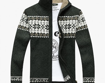 Cardigan da uomo nordico con zip, giacca invernale in maglia Fair Isle