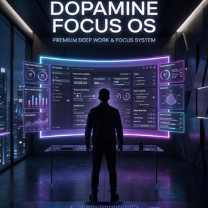 May include: A futuristic digital interface displaying "DOPAMINE FOCUS OS" and "PREMIUM DEEP WORK & FOCUS SYSTEM". The interface shows data visualizations and a person. A keyboard and mouse are in the foreground, with a neon purple glow.