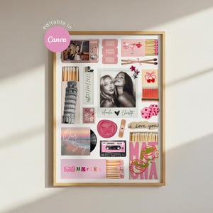May include: A framed collage print featuring a pink and white aesthetic with various graphic elements including a black and white photo of two people, matchboxes, a cassette tape, dice, a butterfly wax seal, and text reading Good Times and I love you.