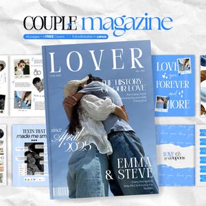 以下が含まれることがあります： COUPLE MAGAZINEというタイトルのデジタル雑誌テンプレート。青い表紙にはLOVER、THE HISTORY OF OUR LOVE、EMMA & STEVEというテキストが記載されています。レイアウトには、写真のプレースホルダー、テキストボックス、クーポンなどのグラフィック要素が含まれる複数のページがあります。