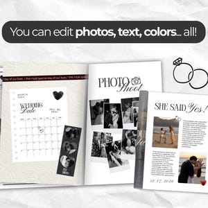 May include: A digital wedding planner template featuring a March 2024 calendar, photo collage pages, and text sections titled Wedding Date, Photo Shoot, and She Said Yes. The layout includes black and white graphics, ring icons, and placeholder text.