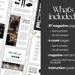 May include: A digital magazine template set featuring 37 magazine pages and 4 cover pages in A4 dimension. The layout includes sections for venue, dress code, and history, with placeholders for photos and text. Includes an instruction guide.