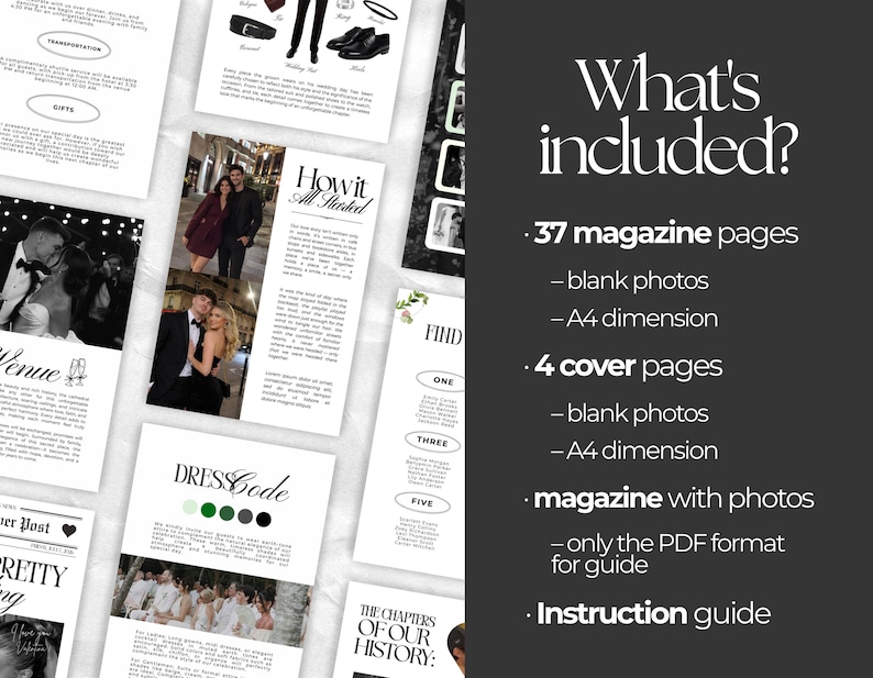 May include: A digital magazine template set featuring 37 magazine pages and 4 cover pages in A4 dimension. The layout includes sections for venue, dress code, and history, with placeholders for photos and text. Includes an instruction guide.
