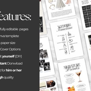 May include: A collection of wedding planning templates featuring 37 editable A4 pages, including a wedding timeline, signature drinks menu, and bingo card. The design uses black text on white backgrounds with line art illustrations and photo placeholders.