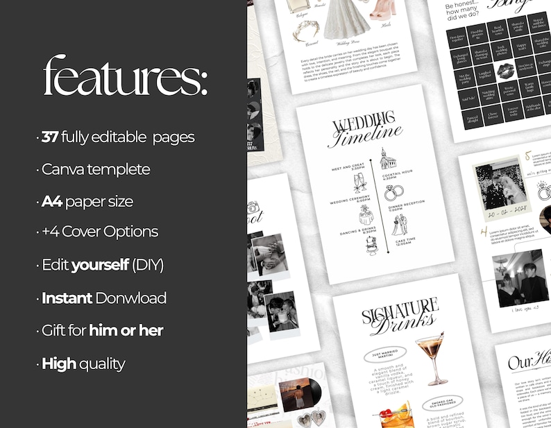 May include: A collection of wedding planning templates featuring 37 editable A4 pages, including a wedding timeline, signature drinks menu, and bingo card. The design uses black text on white backgrounds with line art illustrations and photo placeholders.