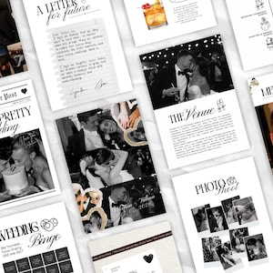 May include: A collection of wedding-themed stationery templates featuring black and white photography, elegant typography, and graphic elements. The layouts include wedding programs, photo collages, bingo cards, and written letters with text such as The Forever Post.