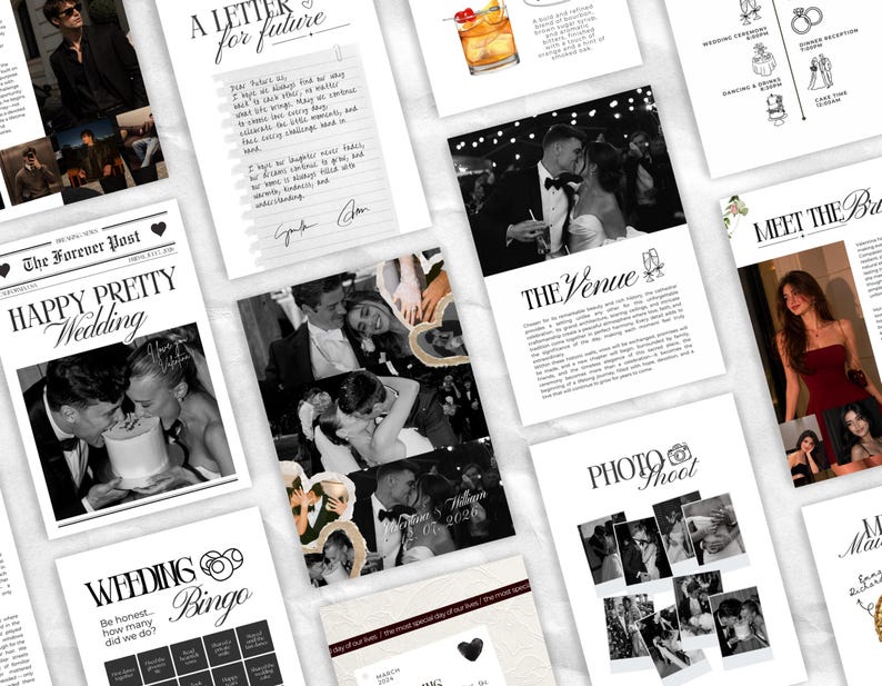 May include: A collection of wedding-themed stationery templates featuring black and white photography, elegant typography, and graphic elements. The layouts include wedding programs, photo collages, bingo cards, and written letters with text such as The Forever Post.