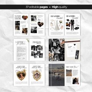 May include: A digital wedding scrapbook template featuring 37 editable pages with layouts for photos, text, and wedding details. The pages include sections titled The Chapters of Our History, Her Wedding Essentials, His Wedding Essentials, A Letter for Future, Photo Shoot, Meet the Maid of Honor, Meet the Man of Honor, Our Proposal, and She Said Yes.