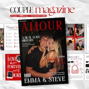 May include: A digital magazine template titled Couple Magazine featuring a central cover with the text AMOUR, A REAL LOVE HISTORY, and EMMA & STEVE. The layout includes multiple pages with photo collages, text lists, and graphic elements in red, black, and white.
