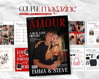 Puede incluir: Una plantilla de revista digital titulada Couple Magazine con una portada central que incluye el texto AMOUR, A REAL LOVE HISTORY y EMMA & STEVE. El diseño incluye varias páginas con collages de fotos, listas de texto y elementos gráficos.