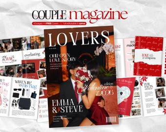 May include: A digital magazine template titled COUPLE MAGAZINE and LOVERS, featuring a cover with a couple holding a red rose bouquet. The layout includes interior pages with photo collages, text sections like WHAT'S IN HIS BAG, and a LOVE COUPONS page.