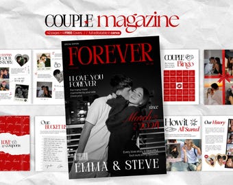May include: A digital magazine template titled Couple Magazine featuring a black and white cover photo of a couple with the text Forever, March 2024, and Emma & Steve. The layout includes pages for bucket lists, bingo, and history with red accents.