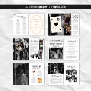 May include: A digital wedding album template featuring 37 editable pages with high-quality layouts. The pages display black and white photographs, text sections titled Find Your Seats, Our History, The Details, Signature Drinks, and Photo Shoot.