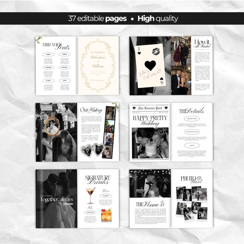 May include: A digital wedding album template featuring 37 editable pages with high-quality layouts. The pages display black and white photographs, text sections titled Find Your Seats, Our History, The Details, Signature Drinks, and Photo Shoot.