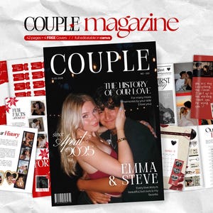 以下が含まれることがあります： COUPLEというタイトルのデジタル雑誌テンプレート。カップルの写真が載った表紙には「THE HISTORY OF OUR LOVE」、「since April 2025」、「EMMA & STEVE」というテキストがあります。レイアウトには「Our History」、「Our Bucket List」、「Love Coupons」と書かれた内ページが含まれています。