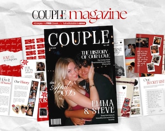 May include: A digital magazine template titled COUPLE featuring a cover with a photograph of a couple, the text "THE HISTORY OF OUR LOVE", "since April 2025", and "EMMA & STEVE". The layout includes interior pages with "Our History", "Our Bucket List", and "Love Coupons".