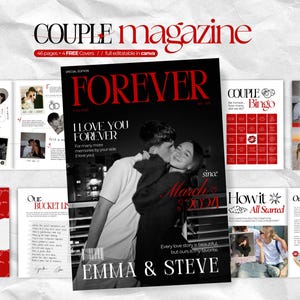 Könnte beinhalten: Ein Magazin-Cover für "COUPLE magazine" mit dem Wort "FOREVER" in roter Schrift. Das Hauptbild ist ein Schwarz-Weiß-Foto eines Paares. Der Text enthält "I LOVE YOU FOREVER" und die Namen "EMMA & STEVE".