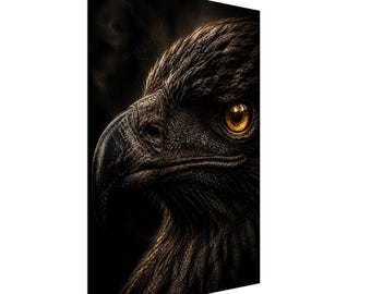 May include: A vertical canvas print featuring a detailed profile of an eagle head. The bird has dark brown and black feathers, a sharp curved beak, and a piercing, bright amber-colored eye set against a deep, dark, and moody background.