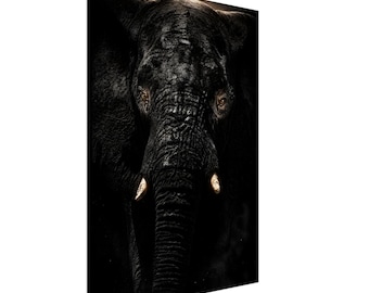 May include: A rectangular canvas wall art print featuring a high-contrast, close-up portrait of an elephant. The elephant is rendered in deep black tones with textured skin, prominent tusks, and amber-colored eyes set against a dark background.