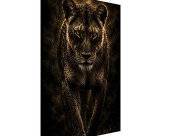 May include: A rectangular canvas wall art print featuring a forward-facing lioness with intense amber eyes. The artwork uses a dark, moody color palette with deep brown and black tones, highlighting the lioness's fur texture and facial features.