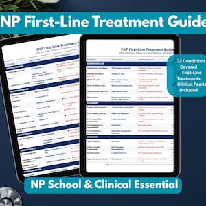 May include: Two tablets displaying the "FNP First-Line Treatment Guide" with detailed medical information. The tablets are on a dark blue background with a stethoscope in the lower left corner. The guide covers 32 conditions, first-line treatments, and clinical pearls.