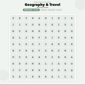Puede incluir: Un rompecabezas de búsqueda de palabras de Geografía y Viajes con 2200 rompecabezas y 4 niveles. La cuadrícula contiene letras en formato cuadrado. El título "Geografía y Viajes" está en la parte superior, con "Rompecabezas de búsqueda de palabras" debajo.