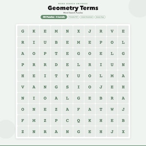 Könnte beinhalten: Ein druckbares PDF-Wortsuchrätsel mit dem Titel "Geometry Terms" mit 40 Rätseln und 4 Levels. Das Rätselgitter hat einen hellgrünen Hintergrund mit einem Buchstabenraster. Der Titel ist fett schwarz.