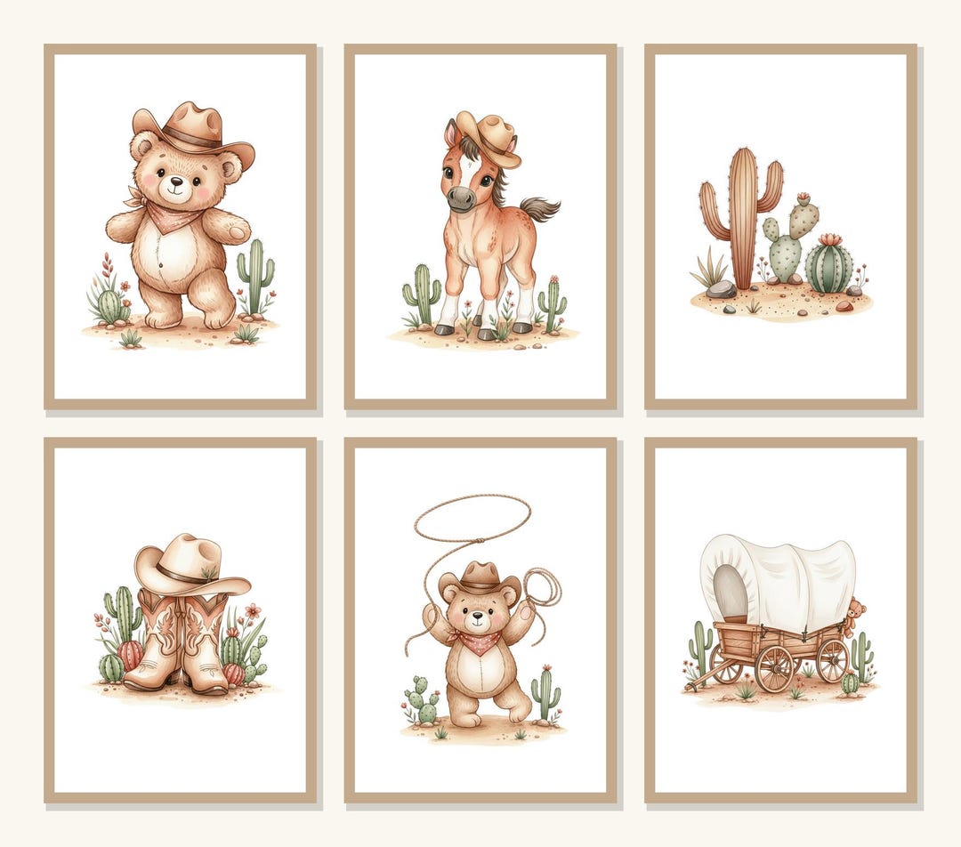 Cowboy Wall Art Set of 6, Western Boots Horse Boys Room Decor, Playroom ...