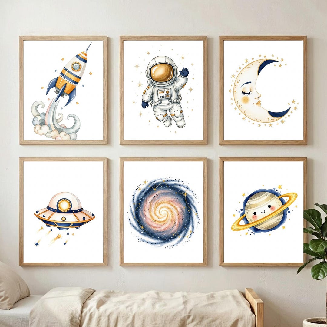 Space Wall Art Set of 6, Astronaut Rocket Planet Boys Room Decor ...