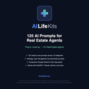 Może przedstawiać: Ciemnoniebieska grafika z tekstem "AI Life Kits" i "125 podpowiedzi AI dla agentów nieruchomości". Obraz zawiera ikonę plusa i wypunktowania, które wymieniają funkcje, takie jak gotowe do użycia podpowiedzi i kompatybilność z platformami AI.