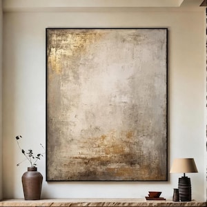 Grande peinture à l'huile abstraite à la feuille d'or, toile texturée épaisse, art mural, art wabi-sabi moderne, décoration pour salon, chambre ou bureau