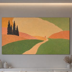 May include: A large rectangular landscape painting featuring a winding path through rolling hills in shades of green, orange, and yellow. Three dark cypress trees stand on the left side, and a small red figure is visible in the distance.