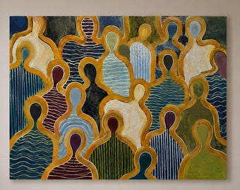 Abstracte muurdecoratie met een menigte, kleurrijke figuren zonder gezicht met okerkleurige contouren en gestreepte patronen.