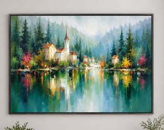 Muurdecoratie van Lakeside Village, met een altijdgroen bos en turquoise reflecties, en een kerktoren.