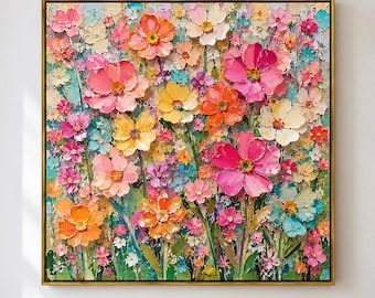 Roze en turquoise bloemen wanddecoratie, oranje en gele bloemen, vierkant met gouden lijst.