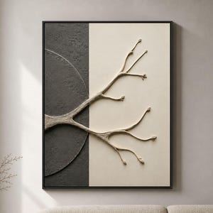 Charcoal Ivory Branch Art, Budding Twigs, Black Framed Vertical Wall Decor