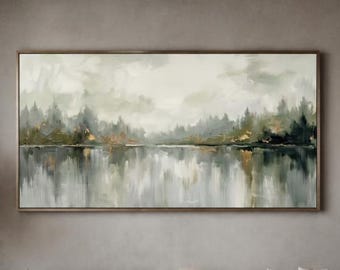 Origineel olieverfschilderij van een mistig bos met weerspiegeling, abstracte kunst op canvas in grijs, groen en goud, op maat gemaakte wanddecoratie met meerlandschap, decoratie voor de woonkamer.