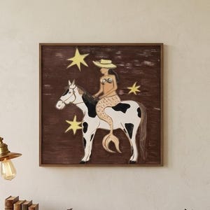 Folk Art Mermaid Riding Horse Painting, Whimsical Coastal Cowgirl Wall Art, Rustic Western Room Decor, Surreal Animal Canvas Fine Wall Art