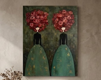 Dipinto ad olio con capelli verdi da donna, ritratto floreale surreale da parete, decorazione su tela con capelli di rose stravaganti, arte da parete per una stanza vintage dall'atmosfera cupa e suggestiva