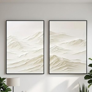 Large Textured White Beige Mountain Diptych Painting On Canvas, Heavy Textured Canvas Wall Art, Set Of 2 Minimalist Room Decor