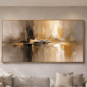 Abstract Gold Leaf Oil Painting, Modern Neutral Canvas Wall Art, Heavy Textured Impasto Room Decor, Large City Horizon Fine Art Painting