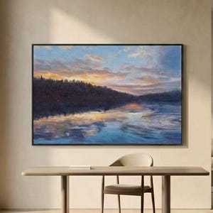 Sunset Lake Oil Painting, Serene River Landscape Wall Art, Framed Nature Canvas Artwork, Forest Reflection Decor, Large Blue Water Painting