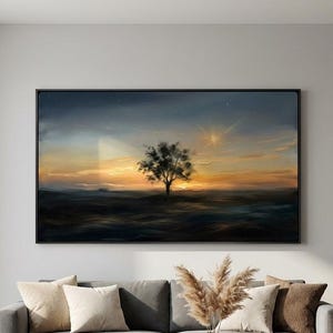 Large Lone Tree Sunset Oil Painting, Starry Night Landscape Wall Art, Moody Twilight Scenery Canvas Decor, Impressionist Landscape Wall Art