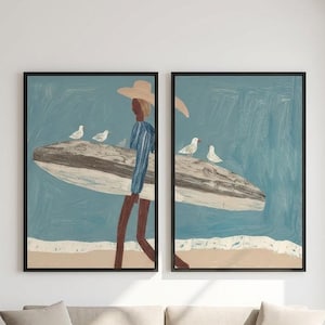 Surfer Cowboy Beach Oil Painting, Blue Coastal Ocean Canvas Wall Art, Set Of Two Diptych Room Decor,Beach House Decor For Living Room