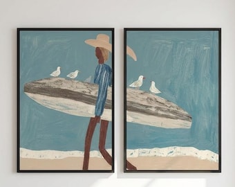 Surfer Cowboy Beach Oil Painting, Blue Coastal Ocean Canvas Wall Art, Set Of Two Diptych Room Decor,Beach House Decor For Living Room