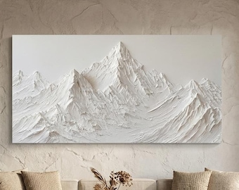 Tableau mural Montagne Blanche, peinture texturée en impasto, toile de paysage minimaliste, pics enneigés en plâtre 3D, décoration wabi-sabi moderne, art de la nature