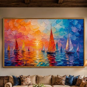 May include: A large rectangular oil painting featuring multiple sailboats on water at sunset. The sky and water are rendered in thick, textured brushstrokes of vibrant orange, pink, yellow, and deep blue, with several sailboats depicted in various sizes.