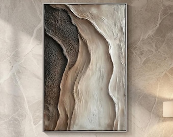 Pode incluir: Uma peça de arte de parede retangular com uma composição abstrata vertical com textura de empaste espessa. A obra exibe um gradiente de cores que transita do preto carvão profundo à esquerda para tons suaves de bege e creme à direita.