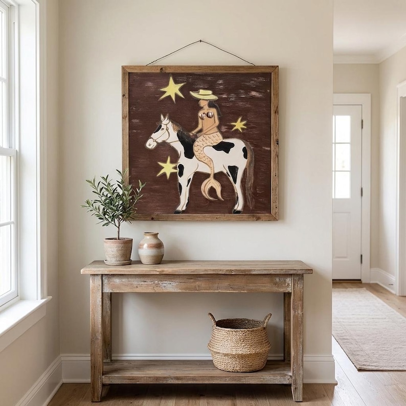 Folk Art Mermaid Riding Horse Painting, Whimsical Coastal Cowgirl Wall Art, Rustic Western Room Decor, Surreal Animal Canvas Fine Wall Art