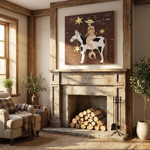 Folk Art Mermaid Riding Horse Painting, Whimsical Coastal Cowgirl Wall Art, Rustic Western Room Decor, Surreal Animal Canvas Fine Wall Art